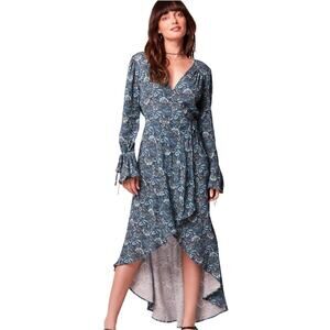 BAND OF THE FREE Floral Wrap Maxi Dress XS Teal Boho Hi Low NWT